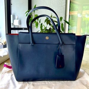 Tory Burch Shoulder Tote Bag with Zipper Top Navy Red